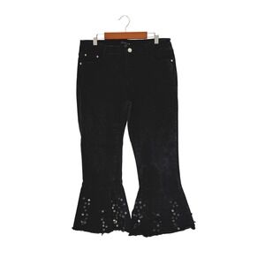 Juliette Black Sequin Floral Cropped Flare Jeans Size 10 M Frayed Hem Stretch